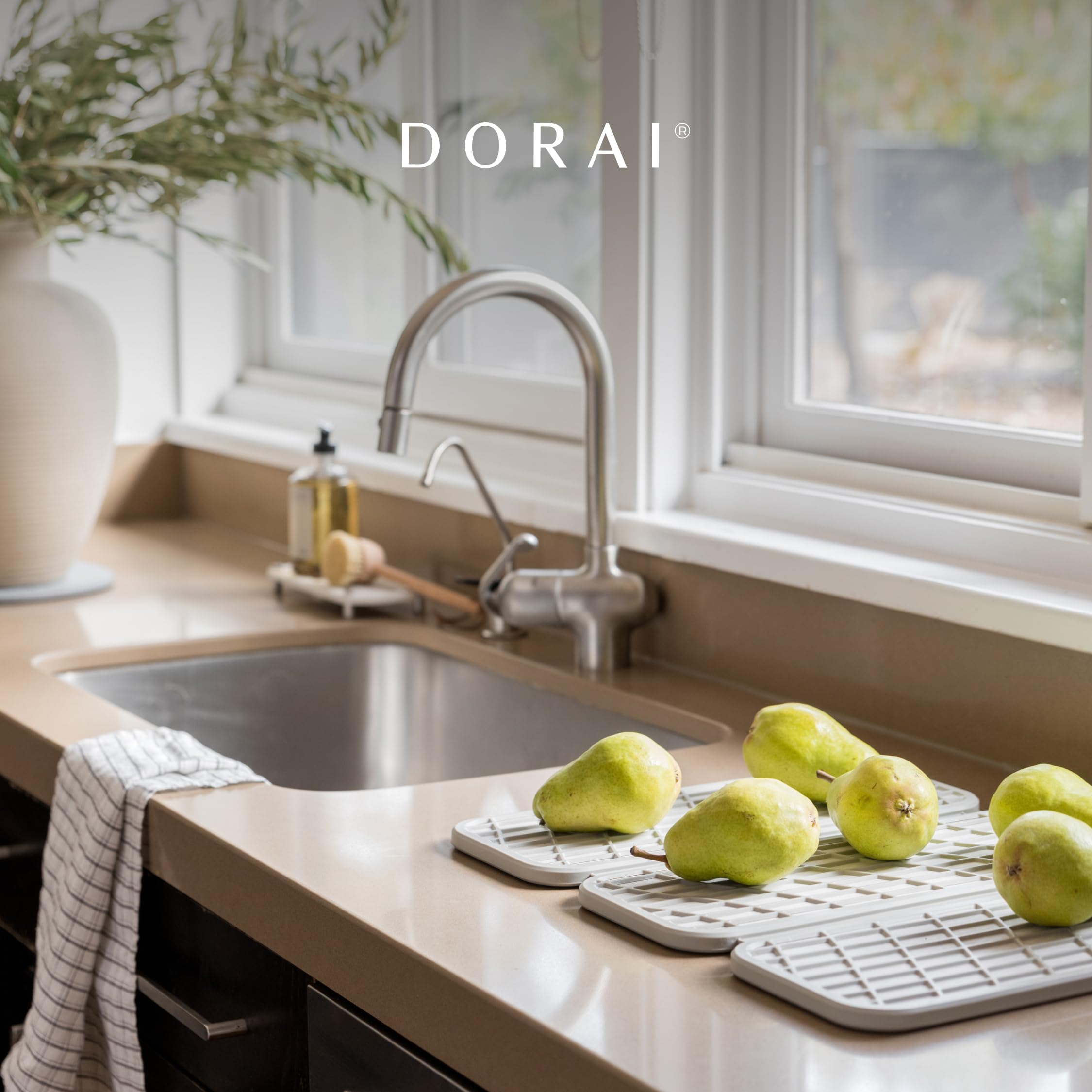 Dorai lifestyle countertop kitchen scene revealing tidy, modern drying solution