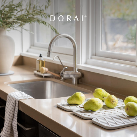 Dorai lifestyle countertop kitchen scene revealing tidy, modern drying solution
