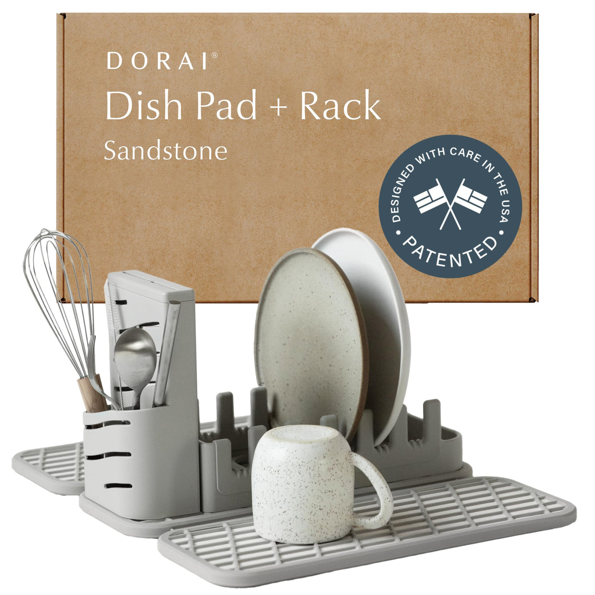 Dorai sandstone front packaging showing compact countertop drying set and benefits