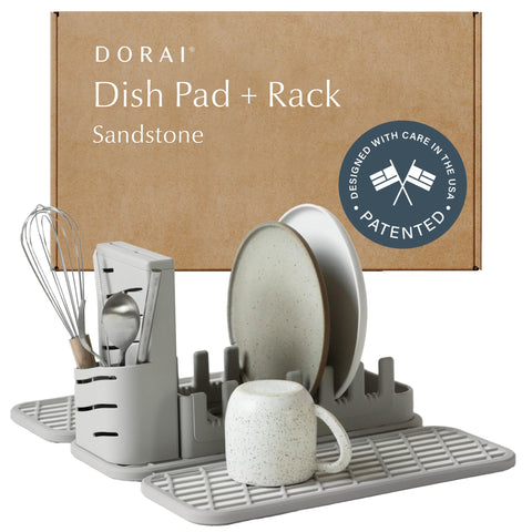Dorai sandstone front packaging showing compact countertop drying set and benefits