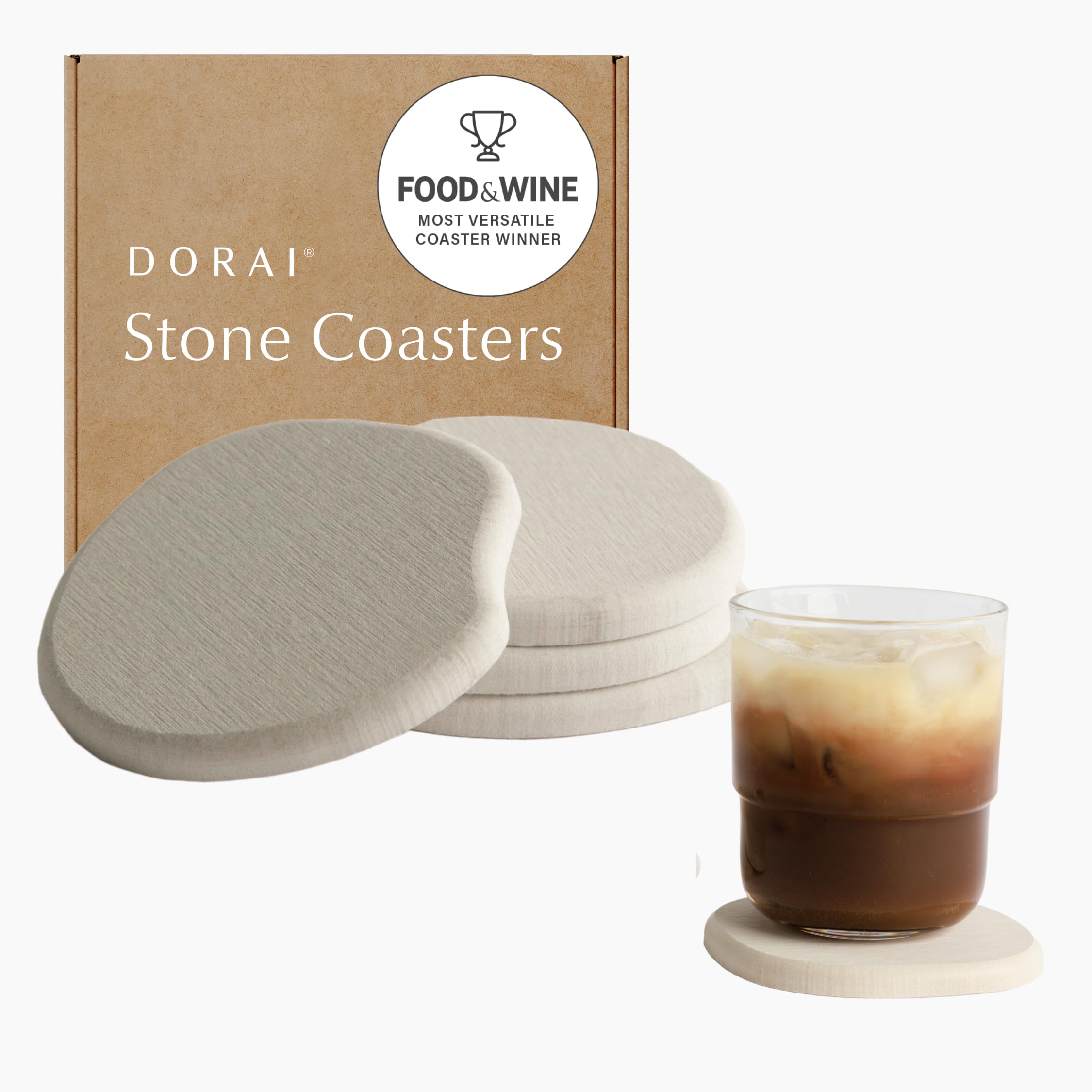 Dorai stone coasters front set showing sandstone look and table protection