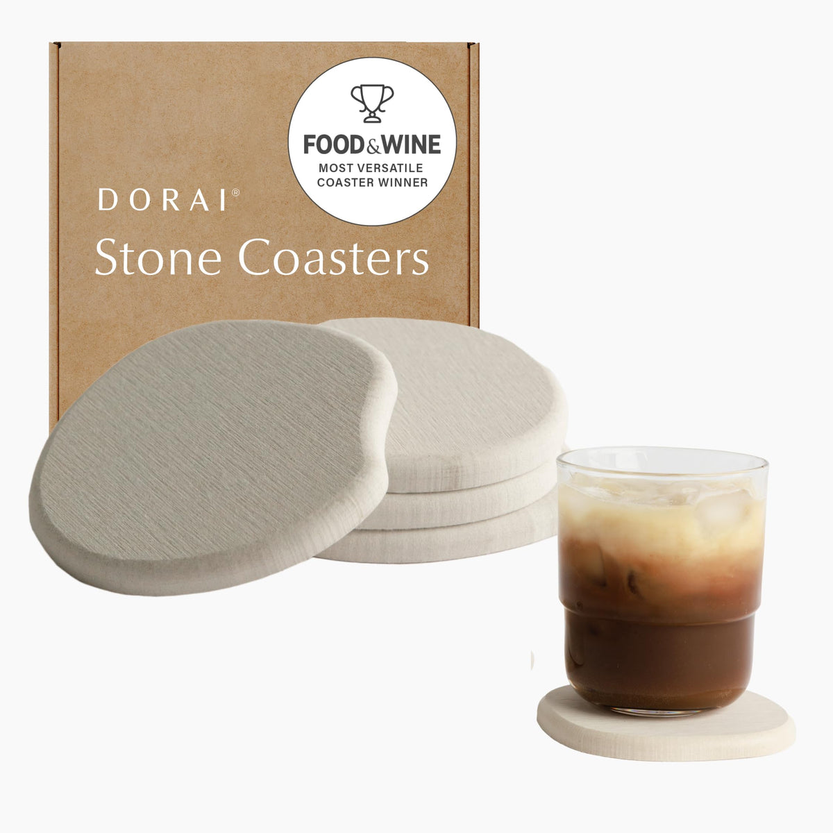 Dorai stone coasters front set showing sandstone look and table protection