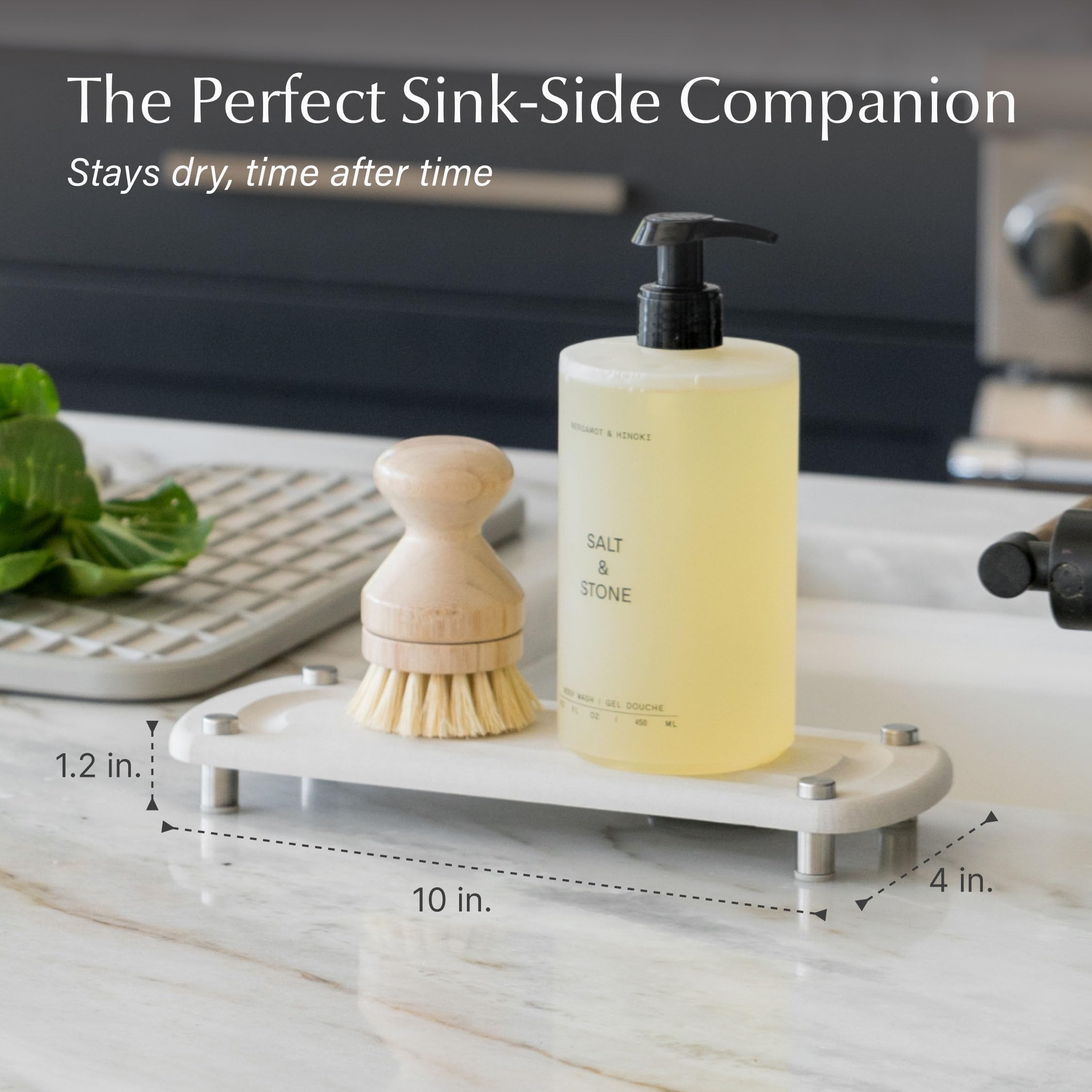 Dorai sink caddy holding soap and brushes demonstrating organized countertop benefit