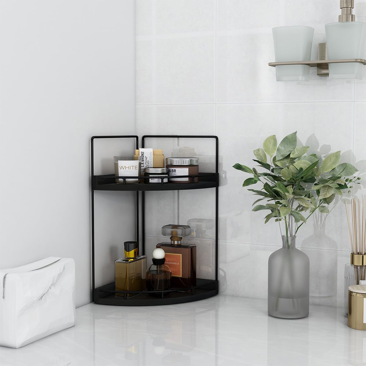 Dorhors styled in bathroom showing organized countertop and calm