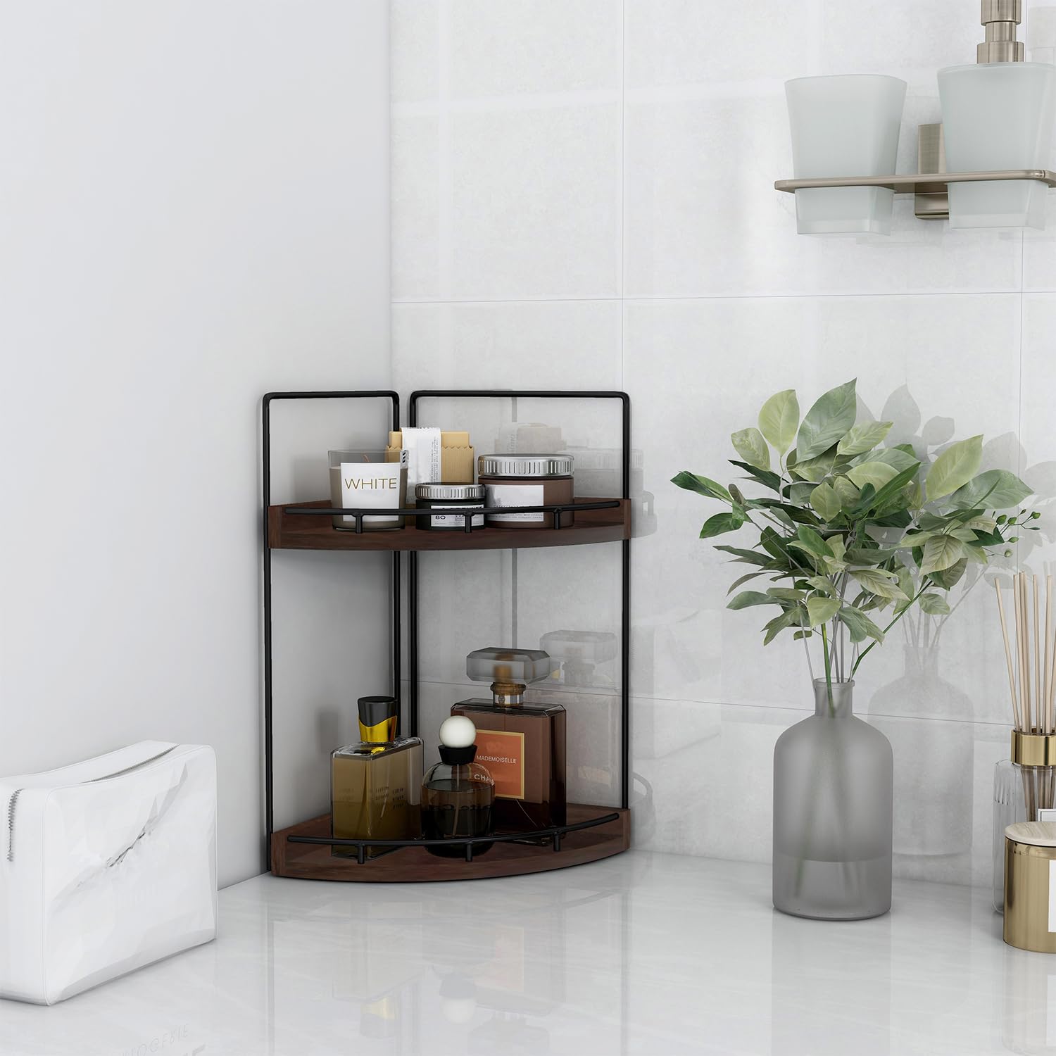 Dorhors shelf beside ruler and bottles to show compact 7.67x7.67x13.58 inch scale