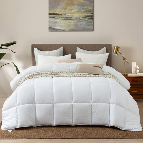 Dorrin Nessin front view of twin comforter on bed showing clean white finish and size