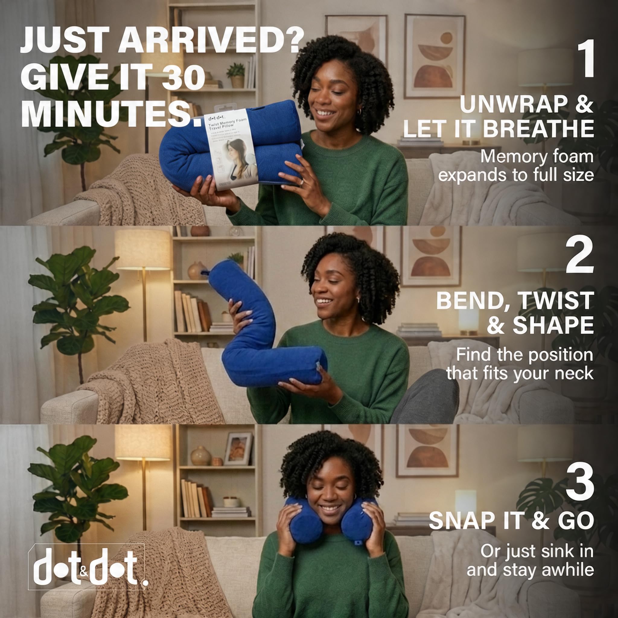 Dot&Dot pillow clipped to luggage handle shows easy hands-free transport