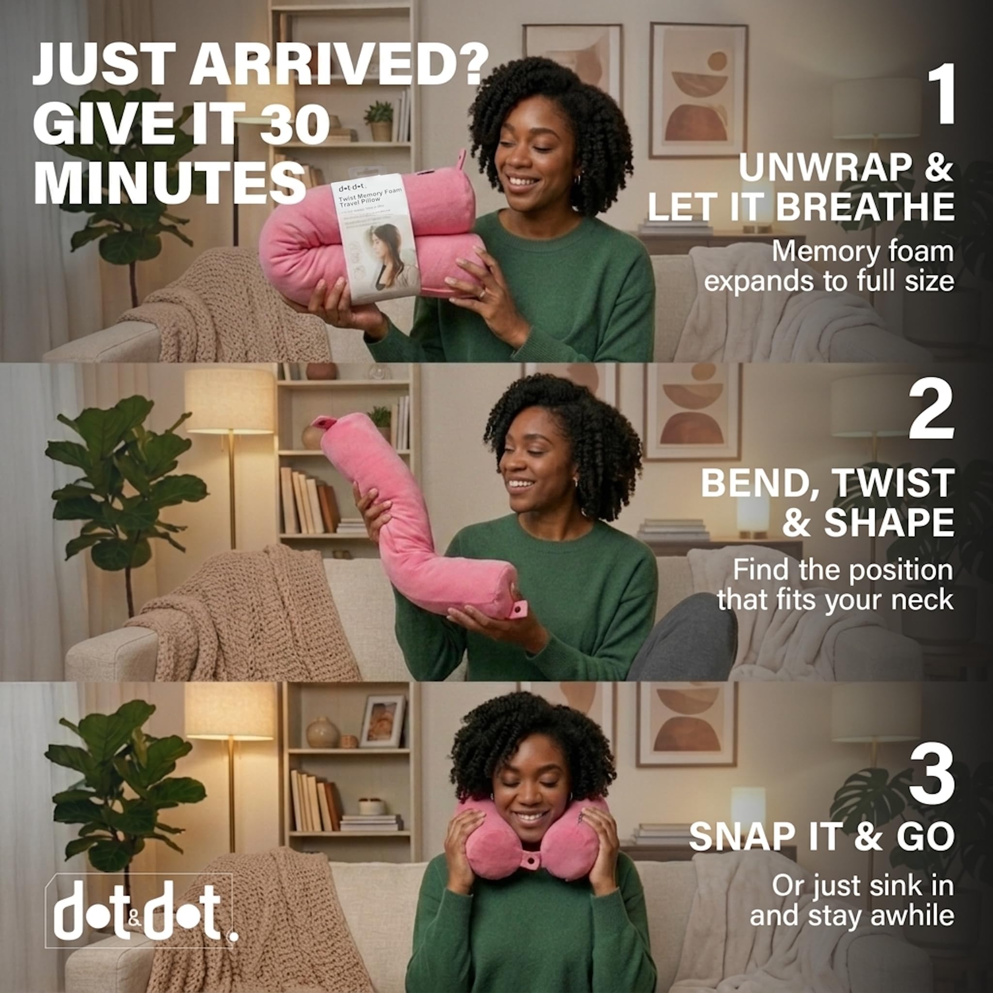 Dot&Dot pillow bent around airplane seat headrest offering neck stability on flights