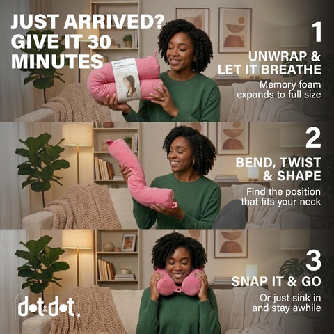 Dot&Dot pillow bent around airplane seat headrest offering neck stability on flights