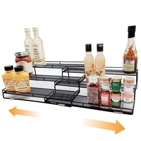 DOTORYDESIGN front view of expanded spice rack showing organized bottles and jars benefit visibility