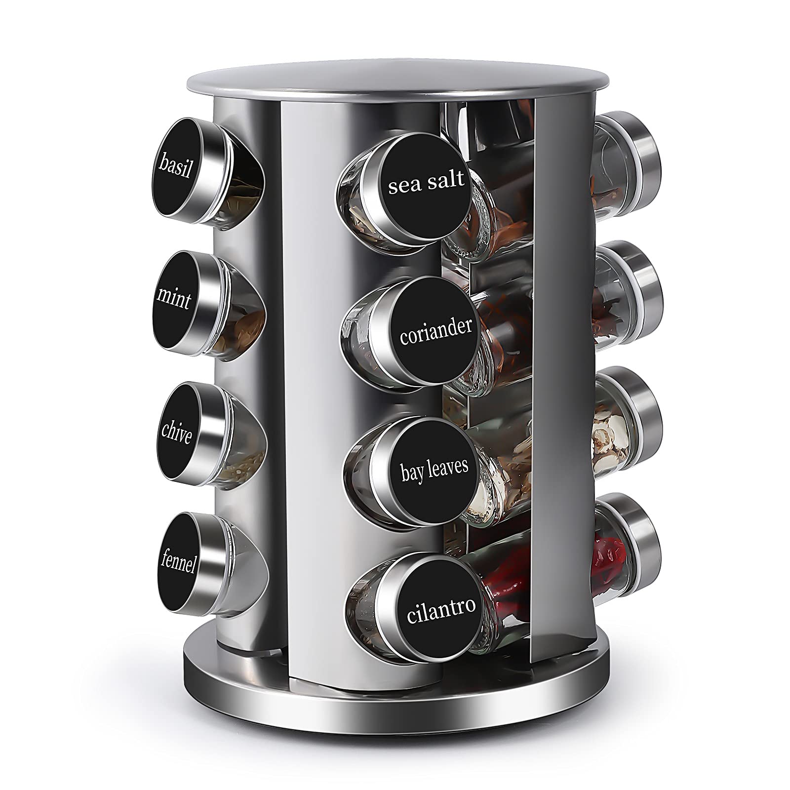 DOUBLE 2 C front view of the stainless steel spice rack showing organized jars for easy access