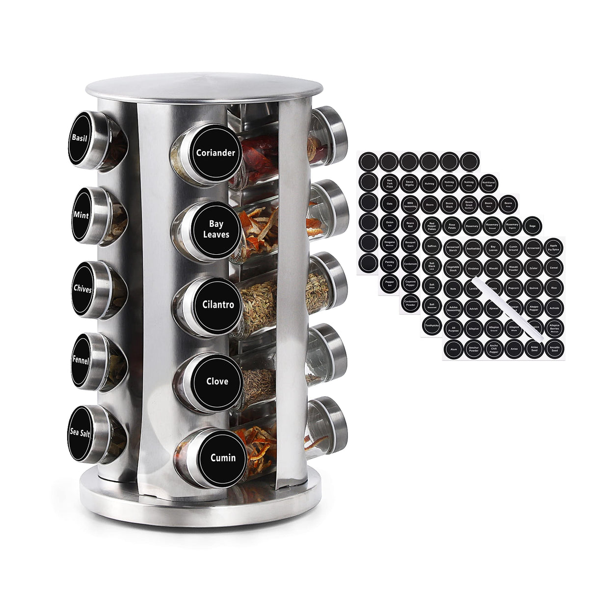 DOUBLE 2 C front view of stainless steel spice carousel showing 20 jars and organization benefit