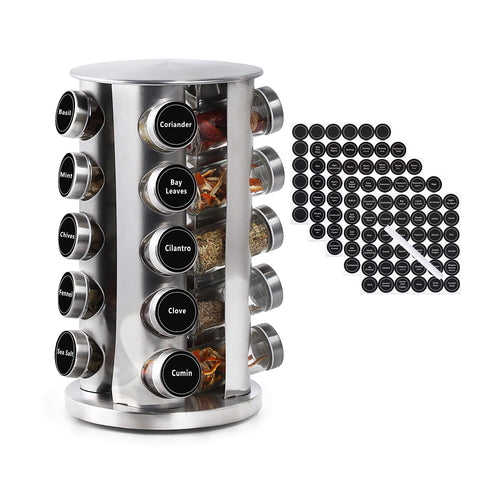 DOUBLE 2 C front view of stainless steel spice carousel showing 20 jars and organization benefit