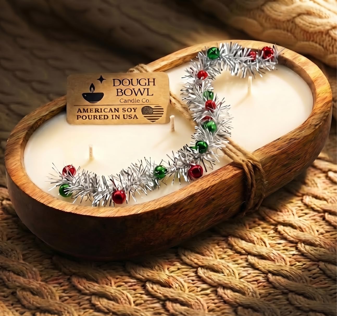 Dough Bowl Candle Company front view of mango wood bowl showing rustic charm and fragrance