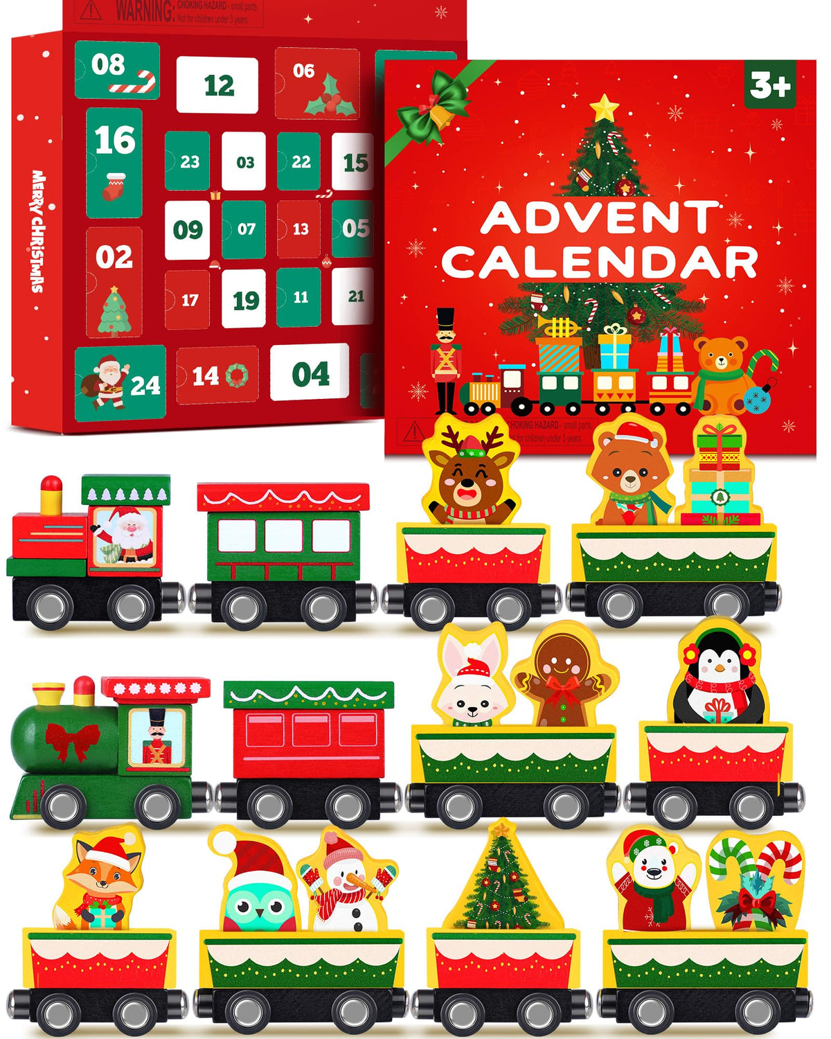 Doviden front packaging showing colorful wooden train advent set, gift-ready