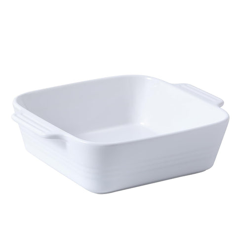 DOWAN front view of white 8x8 baking dish shows clean design and serving readiness