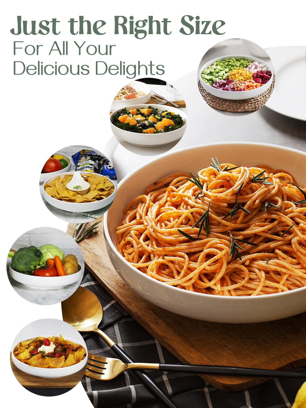 DOWAN bowls filled with pasta demonstrating wide shallow shape for serving
