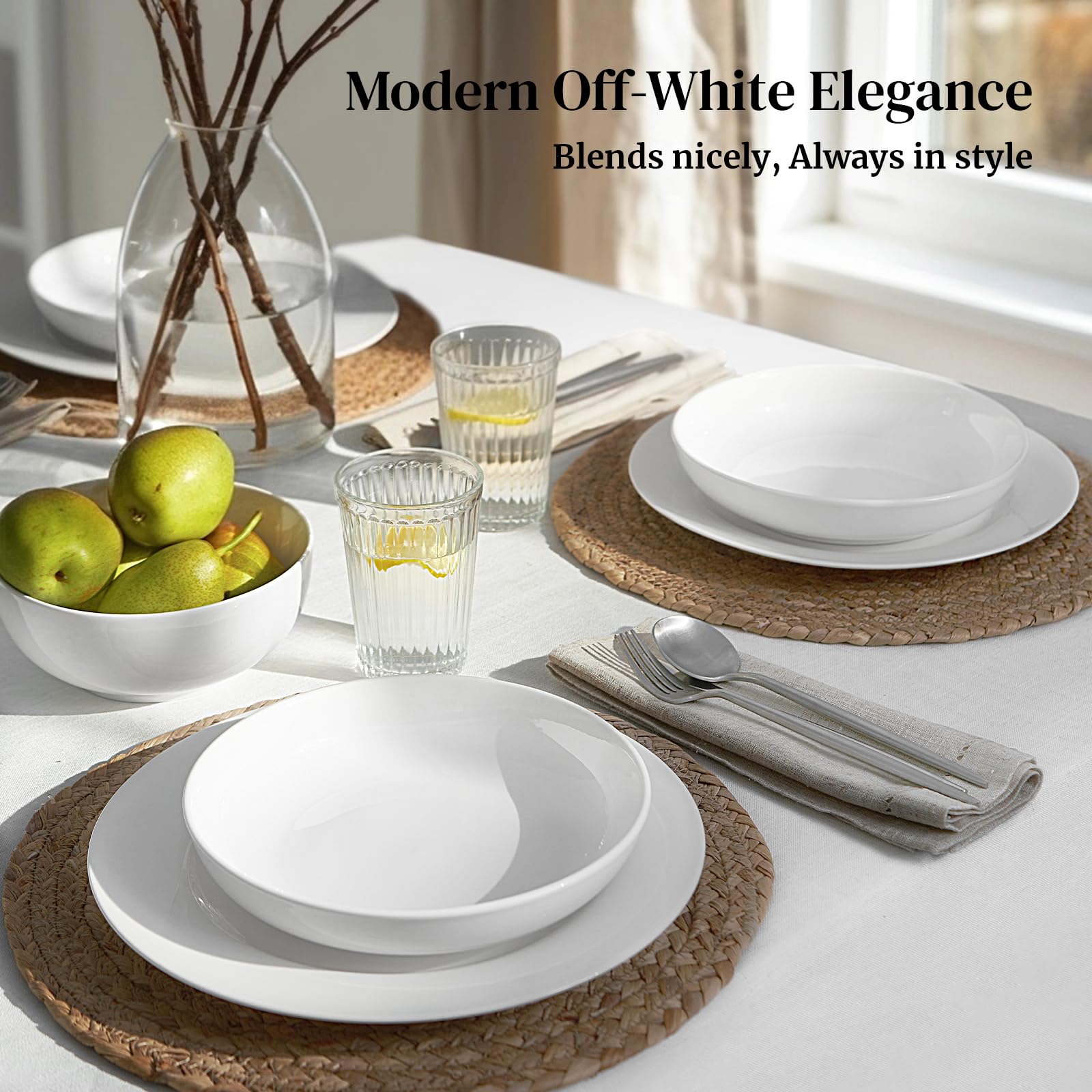 DOWAN bowls set on a styled table setting showing versatile pairing with linens and plates