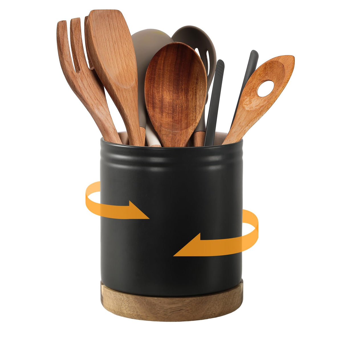 DOWAN ceramic utensil holder front view showing organized utensils and sleek black finish