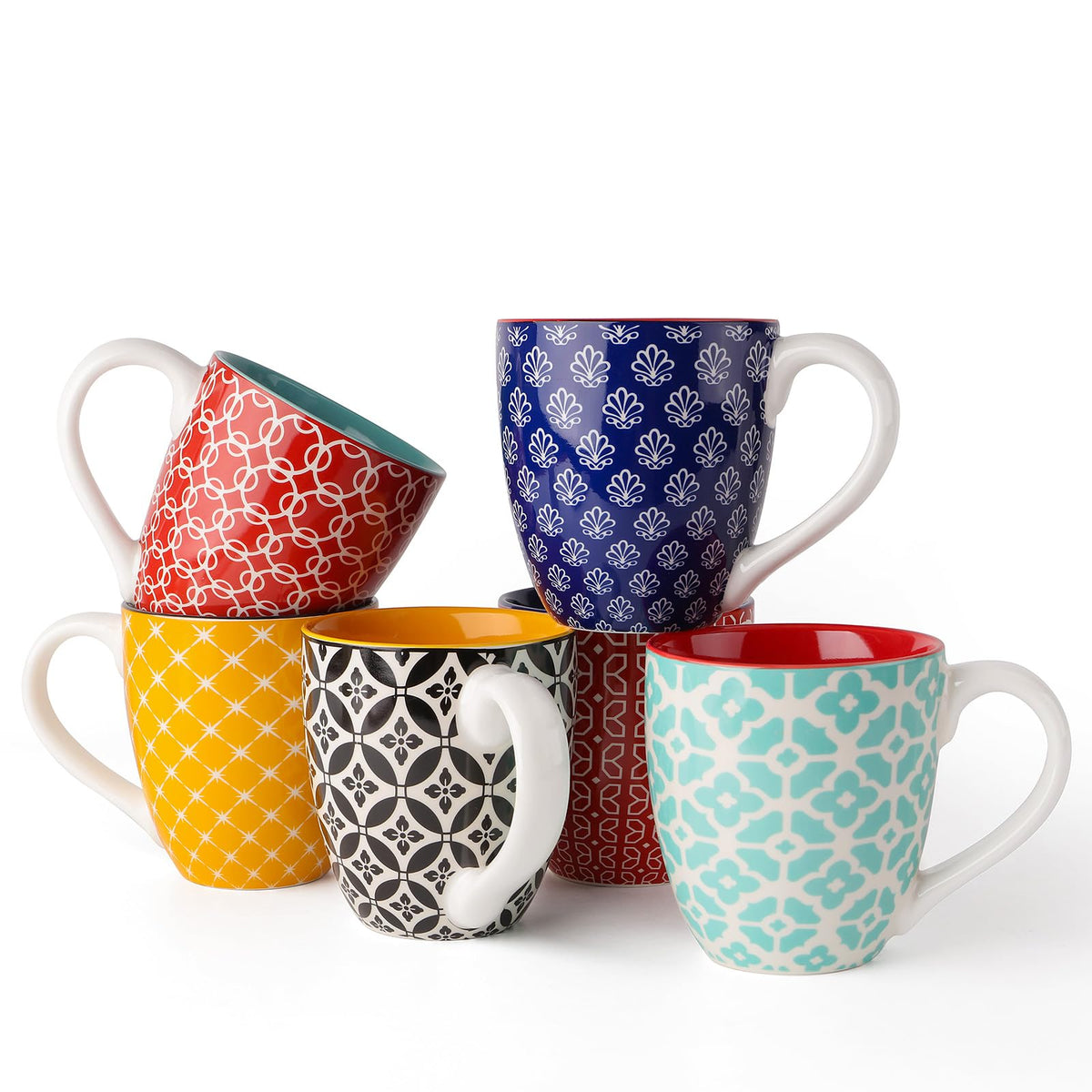 DOWAN front view of six boho mosaic mugs showing colorful set and visual appeal