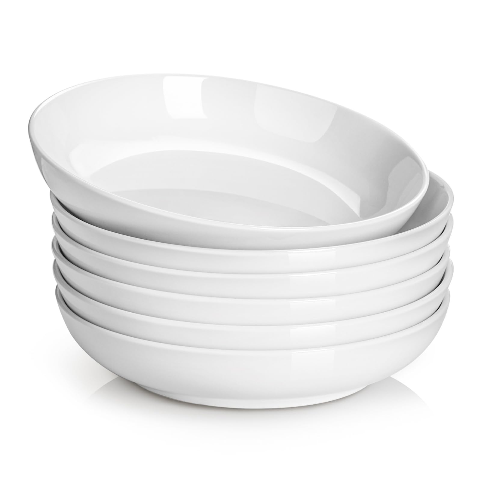 DOWAN front view of six natural white pasta bowls showing elegant presentation and uniform finish