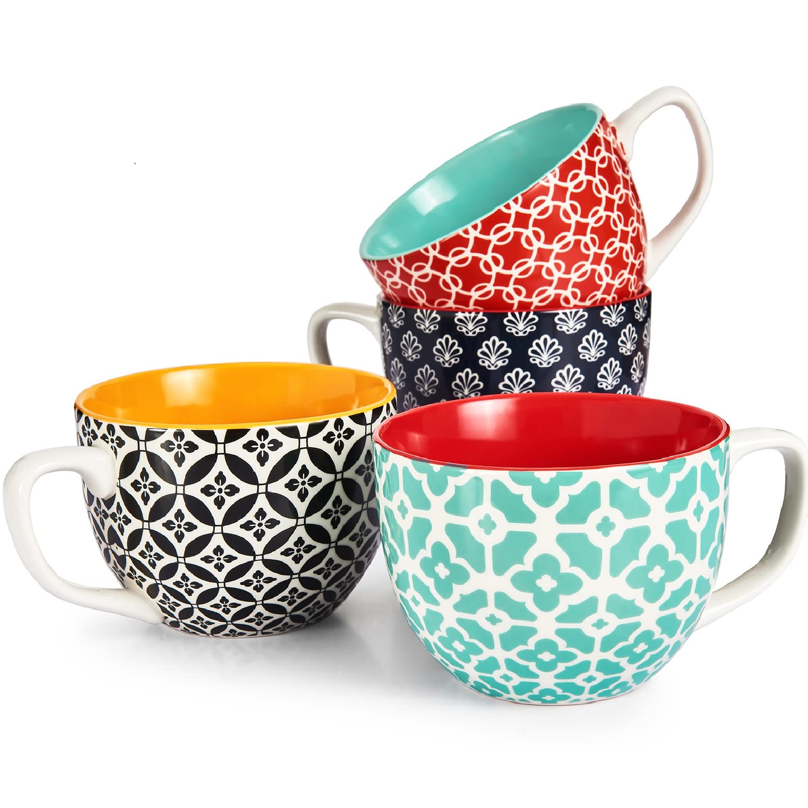 DOWAN front view of four colorful mosaic mugs showing coordinated style and capacity
