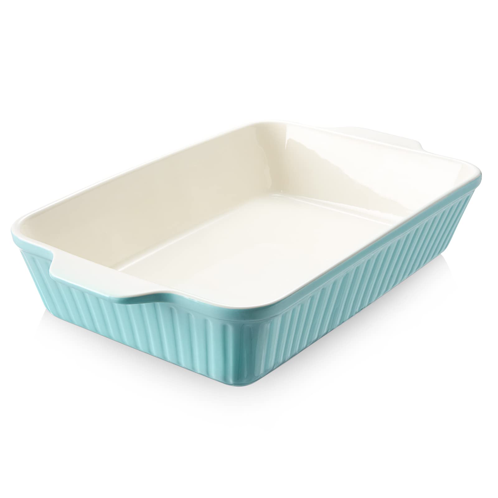 DOWAN front view of blue 9x13 baking dish shows generous capacity and elegant finish