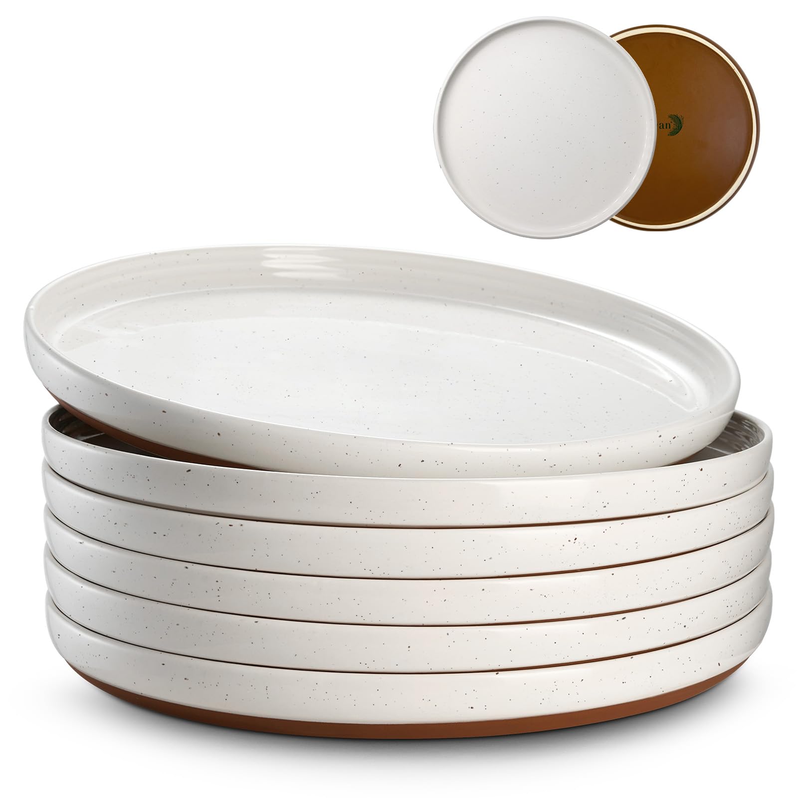 DOWAN front view of six plates showing modern khaki white finish and benefit of coordinated tableware