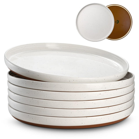 DOWAN front view of six plates showing modern khaki white finish and benefit of coordinated tableware