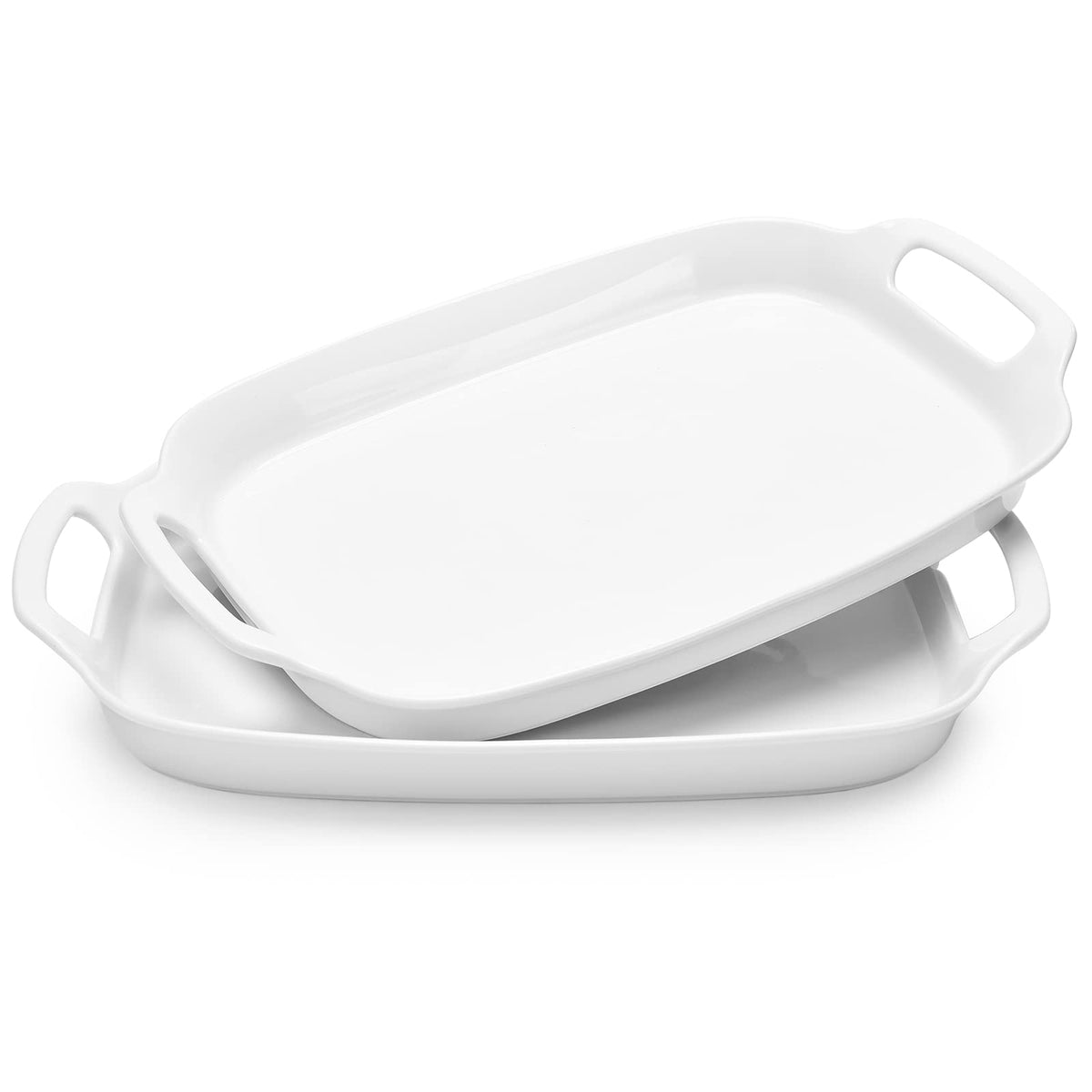 DOWAN front view of both white serving trays showing clean design and versatility