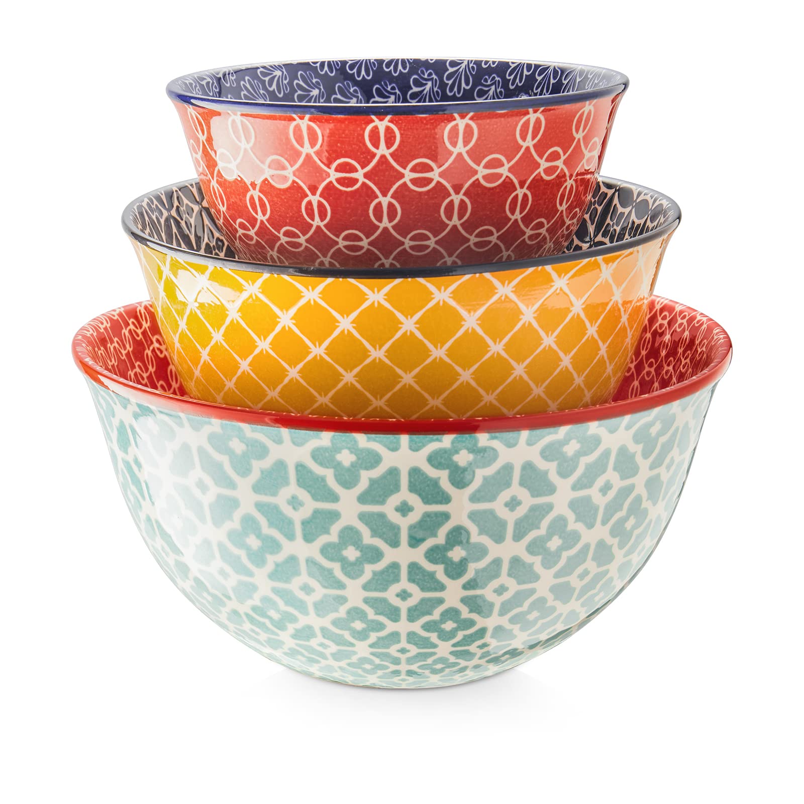 DOWAN front view of three colorful nesting bowls, brightens kitchen countertop