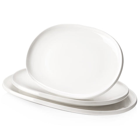 DOWAN front view of three white oval platters showcasing sizes and presentation benefits