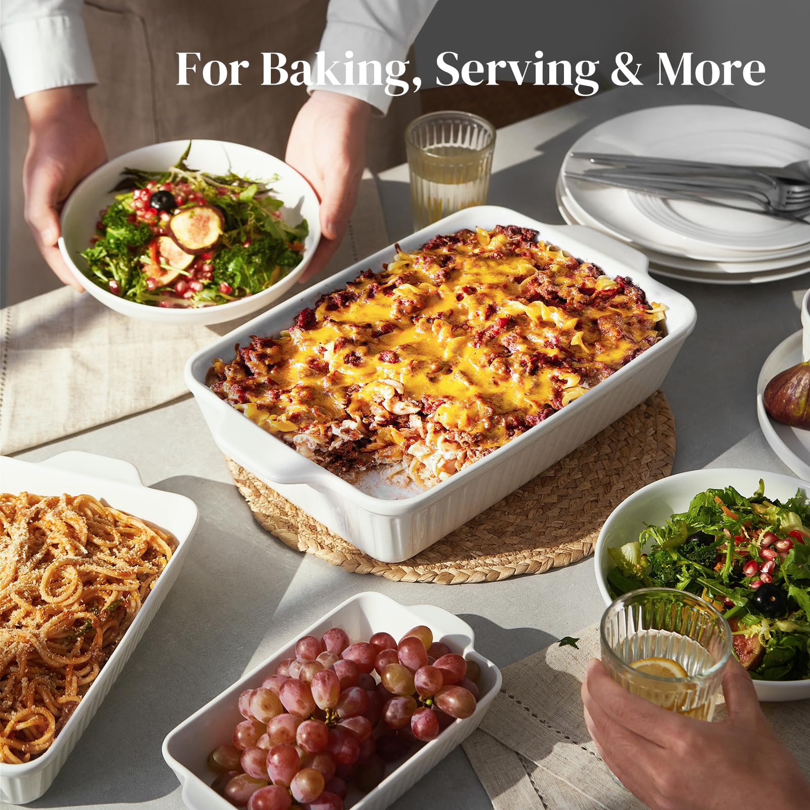 DOWAN bakeware on dining table served, presents elegantly
