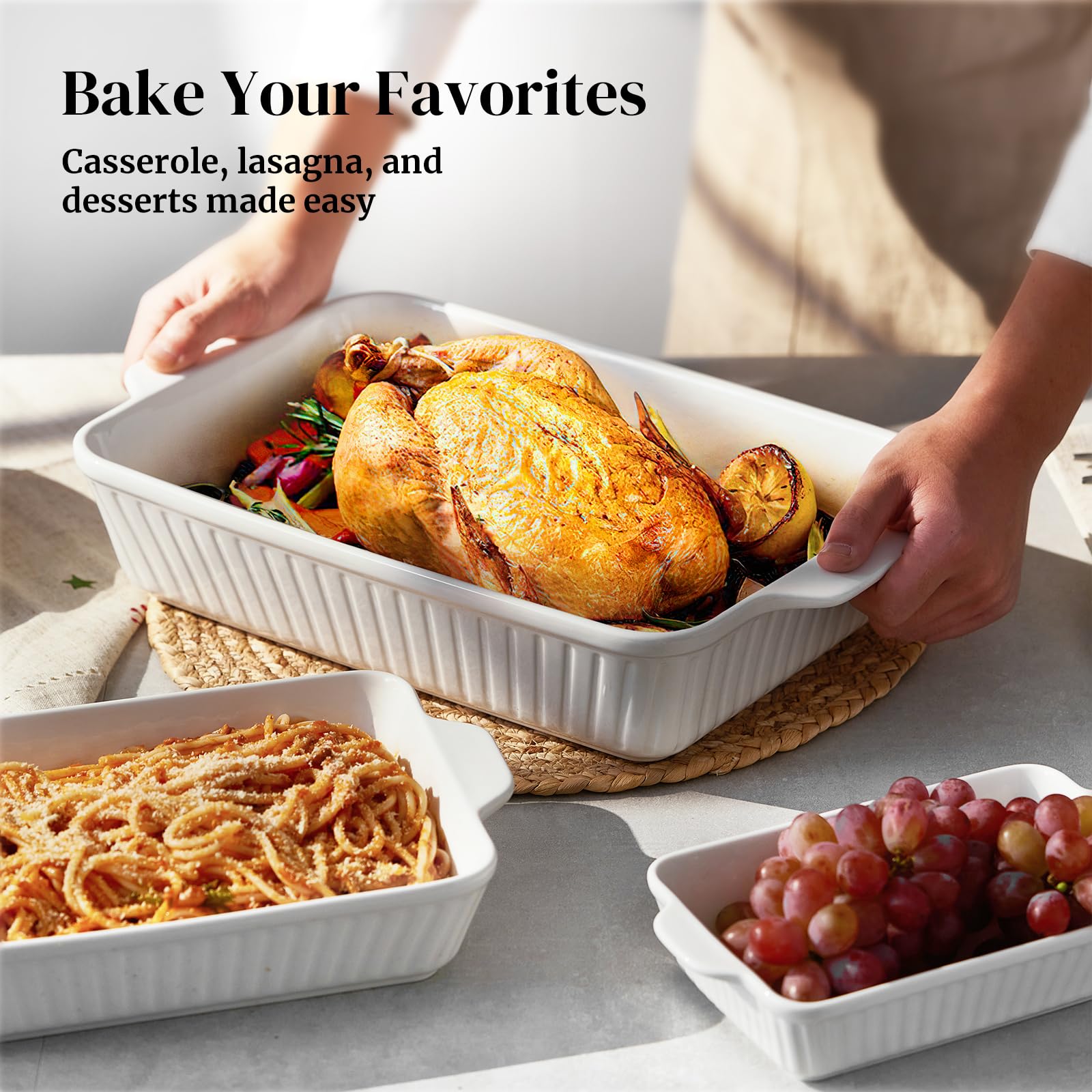 DOWAN medium pan containing baked lasagna, even browning benefit