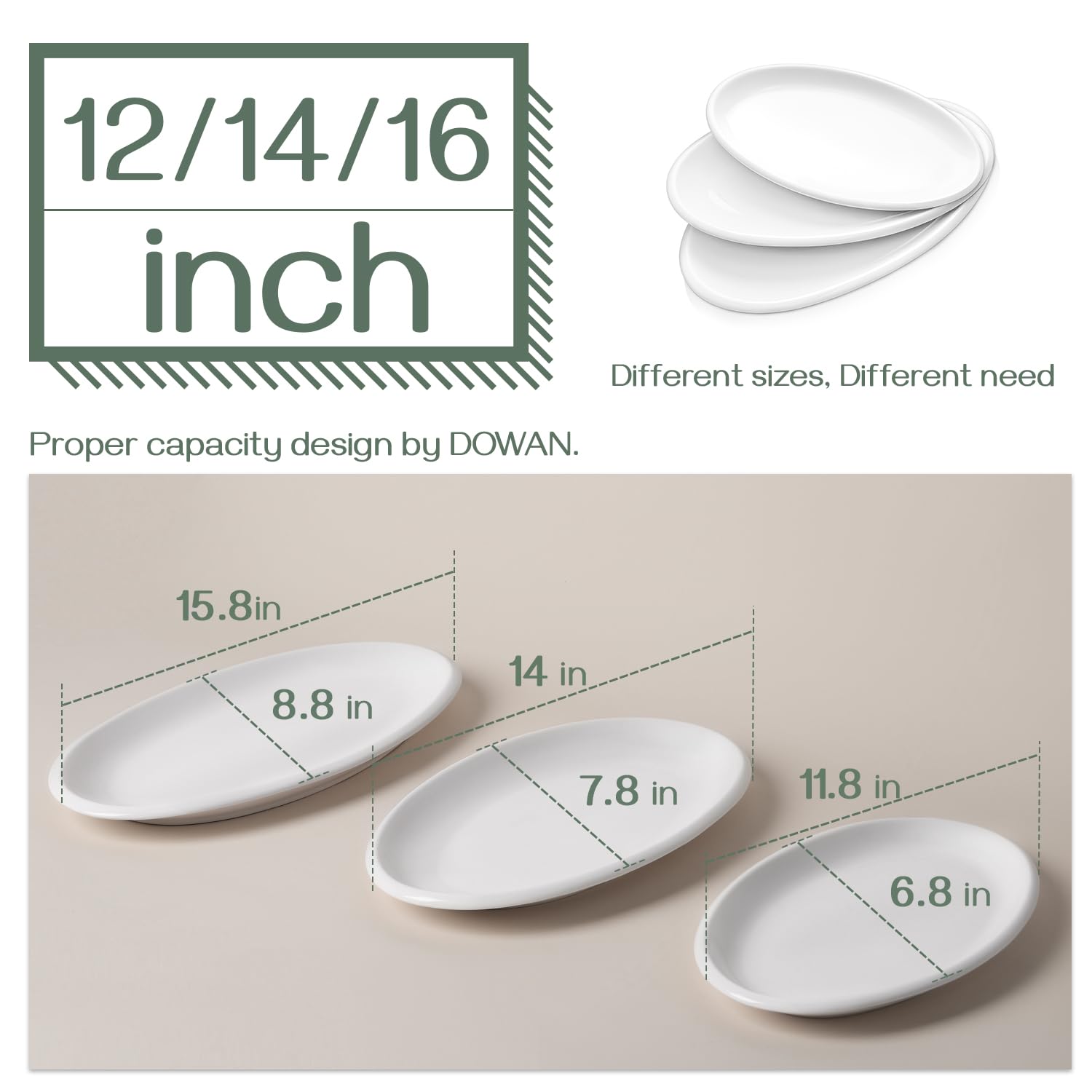 DOWAN platters size comparison displaying three oval sizes for versatility