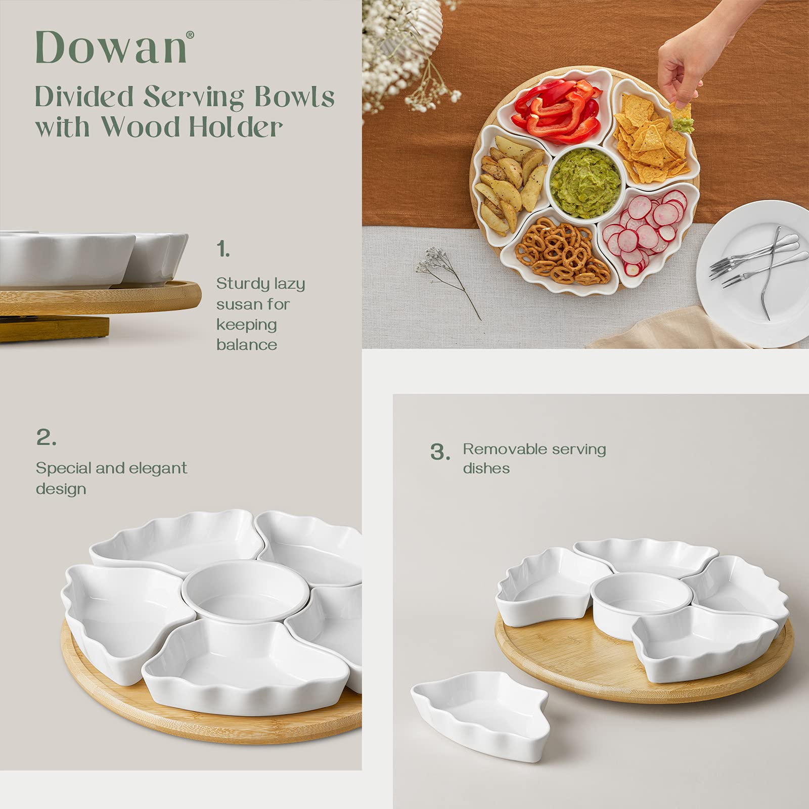 DOWAN serving set on party table, stylish guest-friendly display