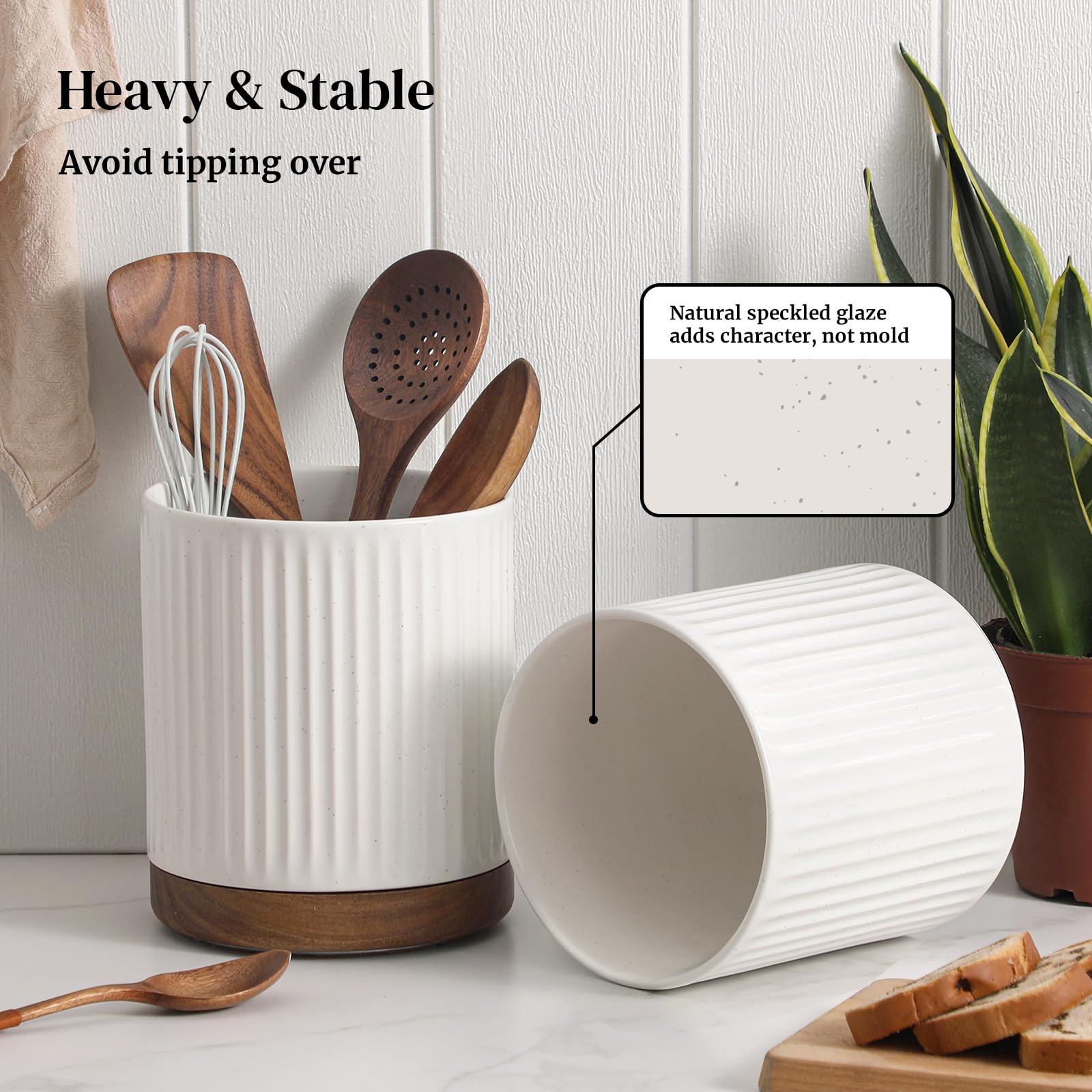 DOWAN utensil holder next to long spatulas showing 7.6" height and large capacity