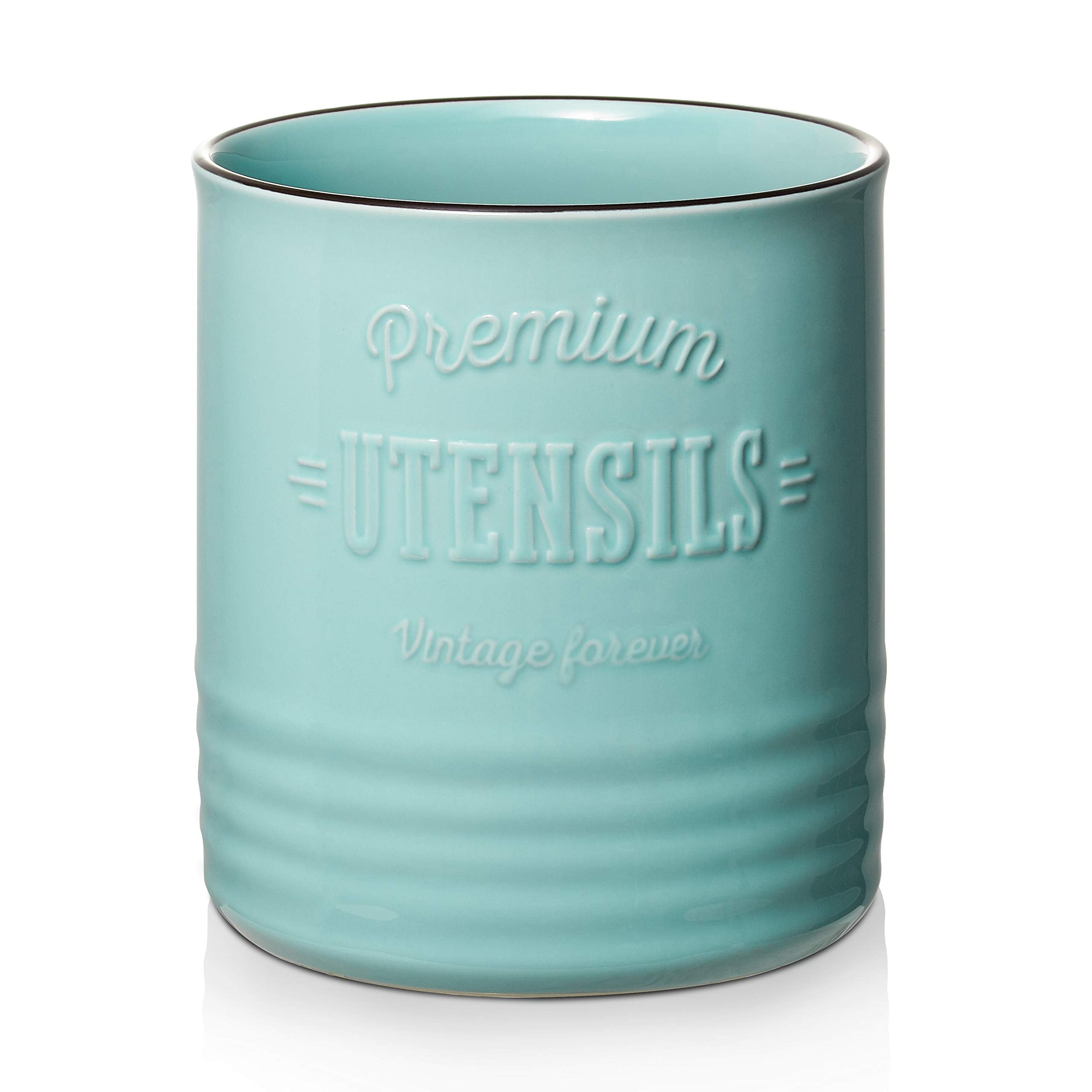 DOWAN turquoise ceramic holder front view showing organized utensils and easy access