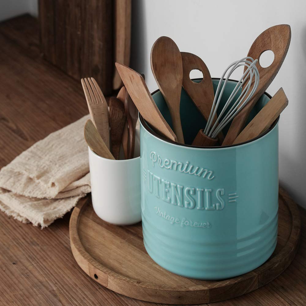 DOWAN turquoise crock styled on a kitchen counter adding farmhouse charm