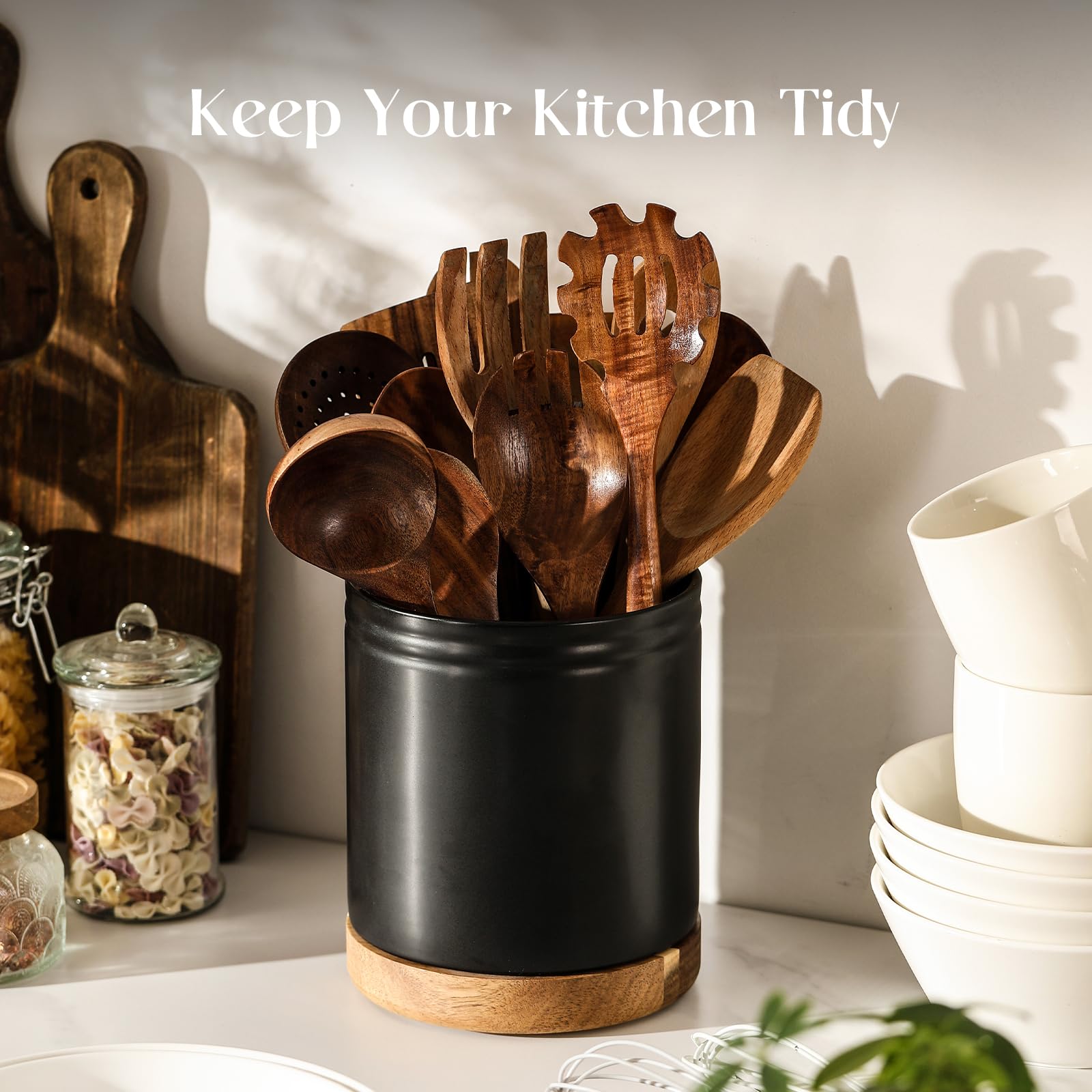DOWAN utensil caddy filled with spatulas and ladles for quick cooking access