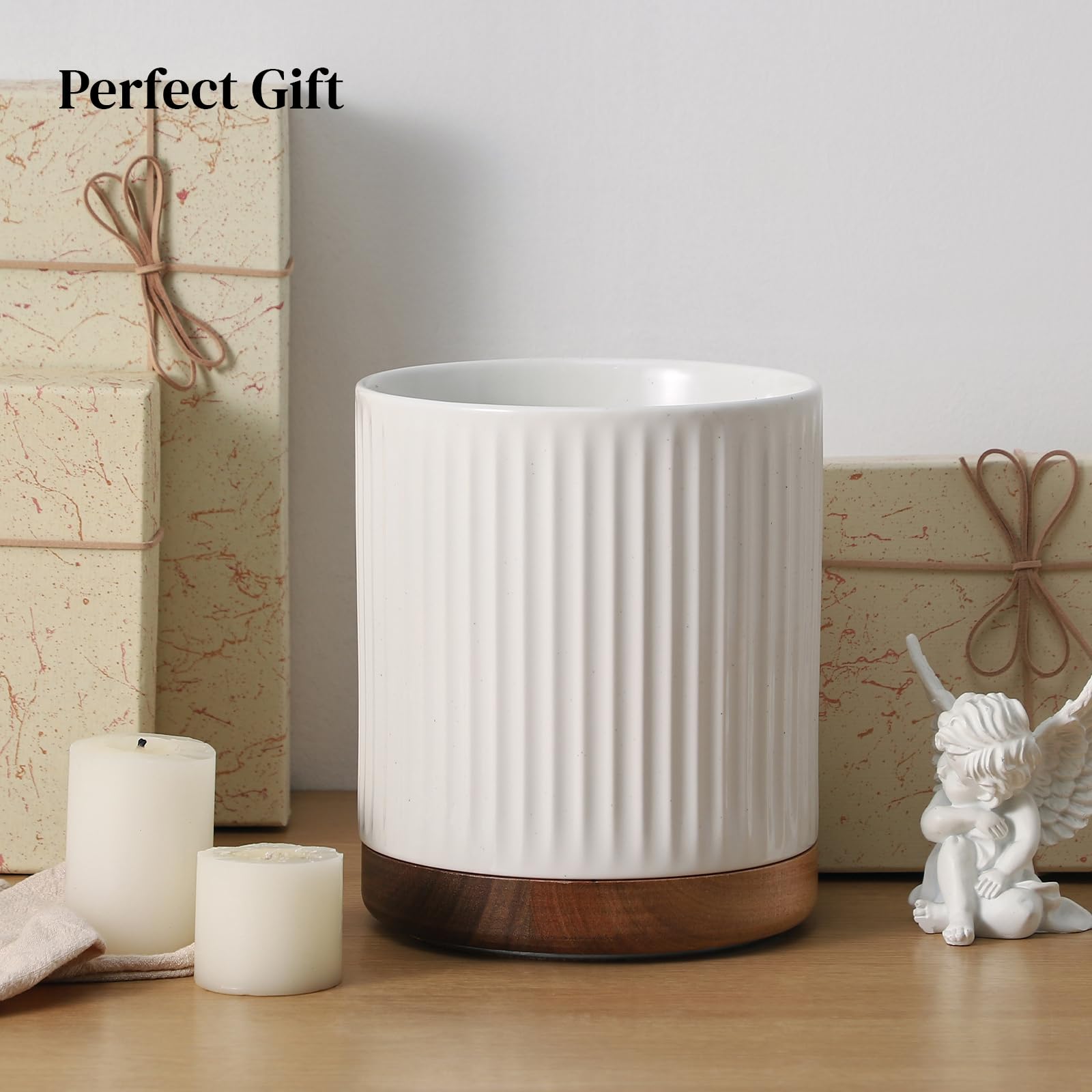 DOWAN white striped crock styled on farmhouse counter offering elegant curb appeal