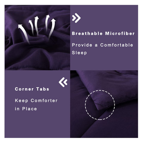 DOWNCOOL styled bedroom with purple comforter illustrating cozy ambiance
