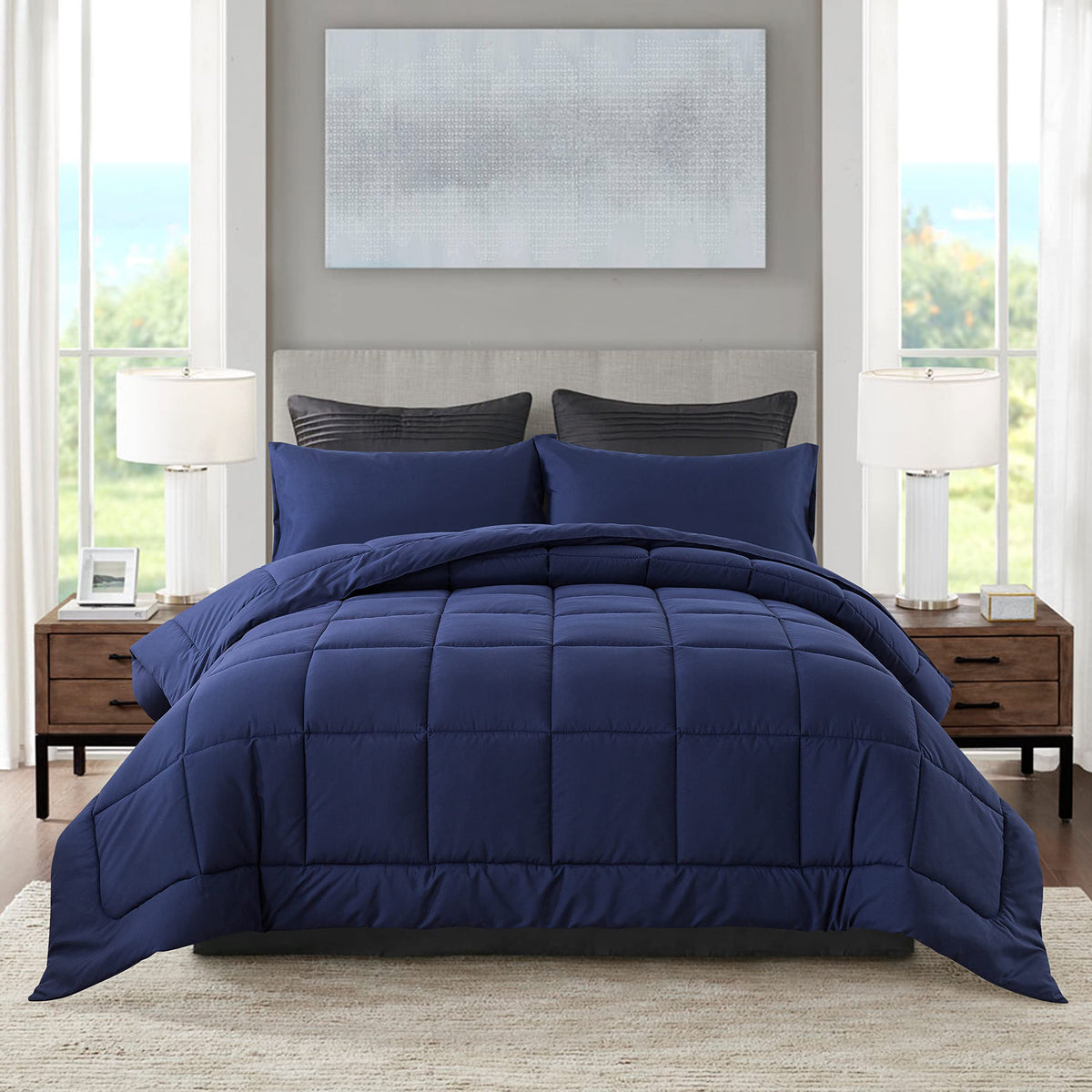 DOWNCOOL front view of comforter set showing neat quilt and soft look, promotes cozy bedding