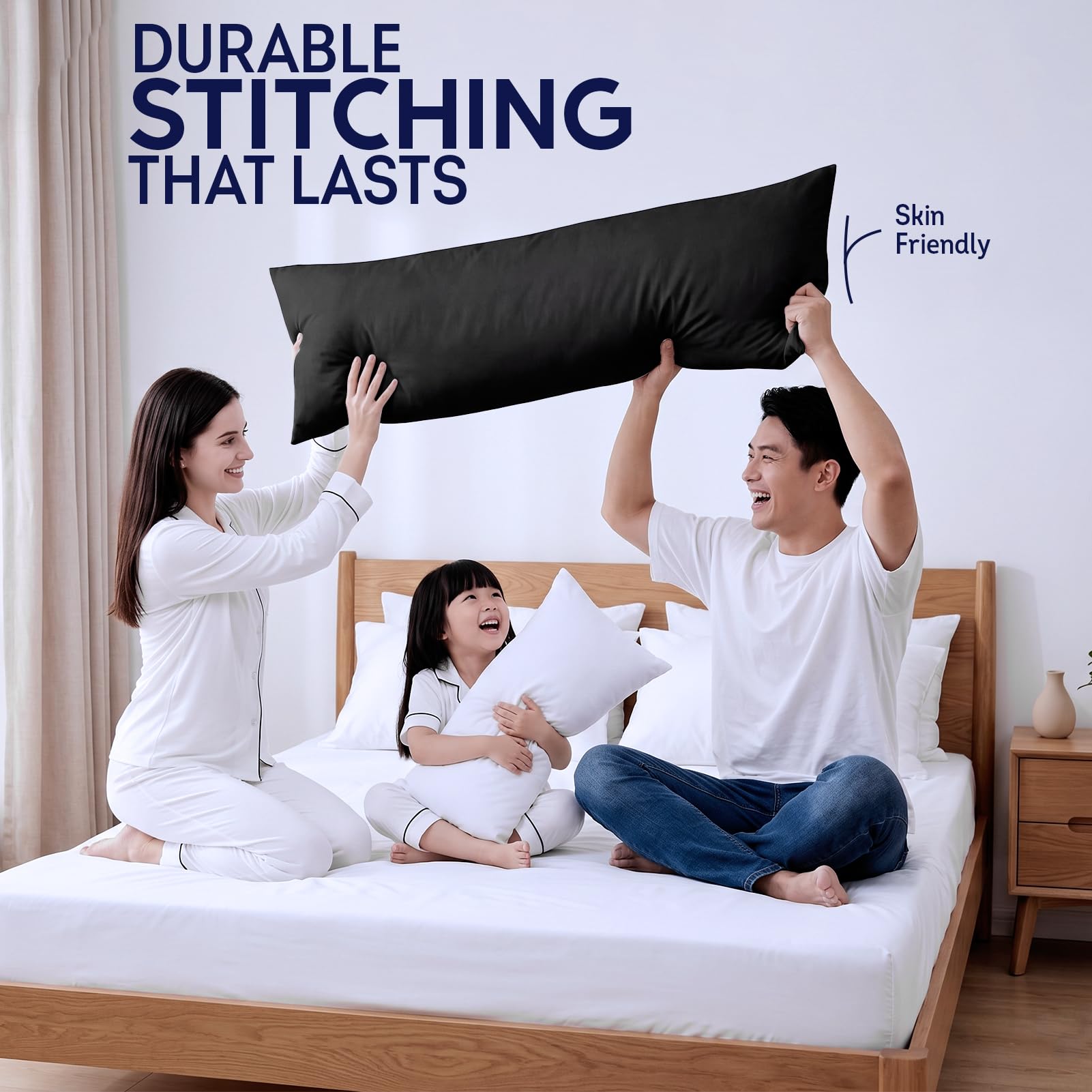 DOWNCOOL person hugging body pillow to demonstrate hugging comfort benefits
