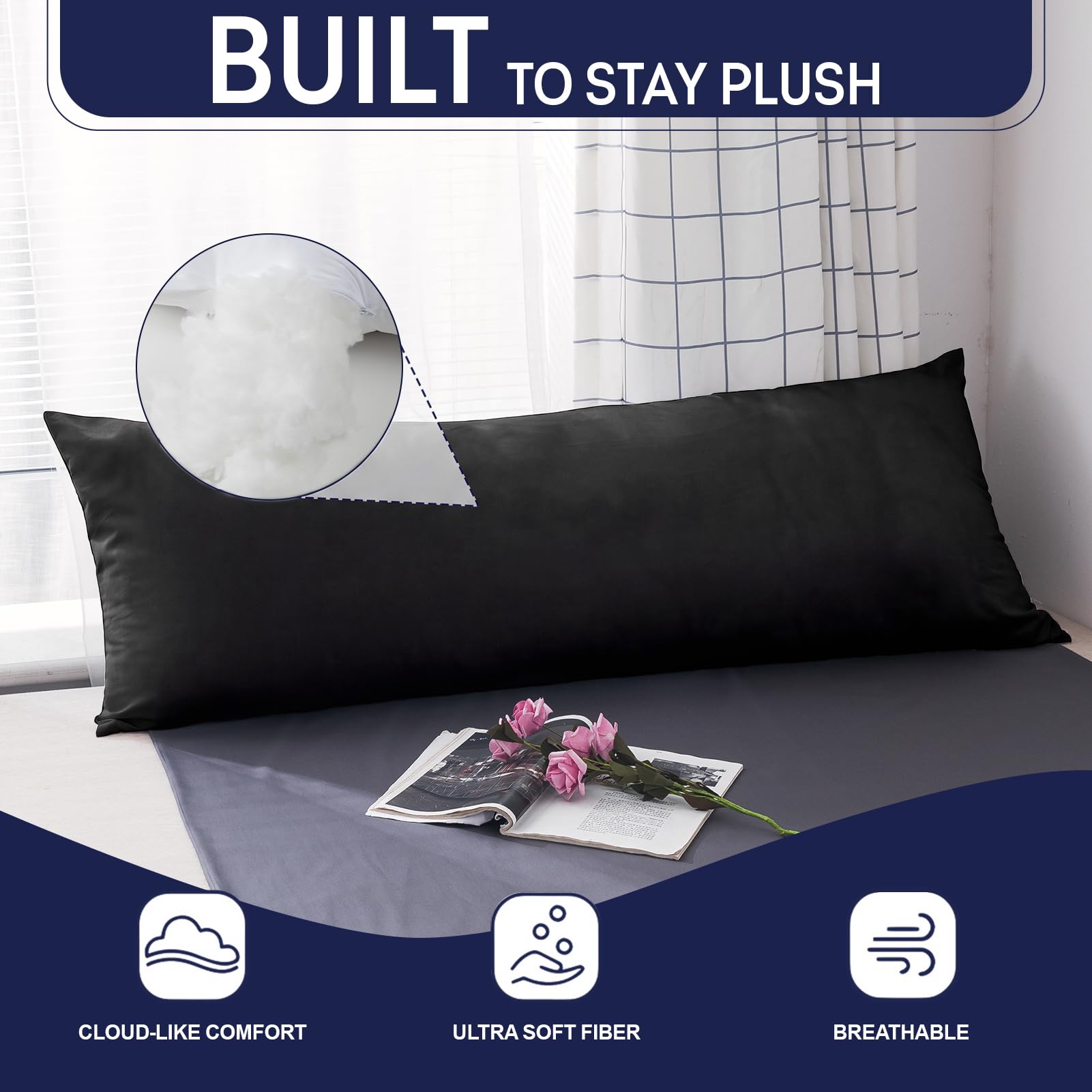 DOWNCOOL long pillow placed on bed illustrating full-body support benefits