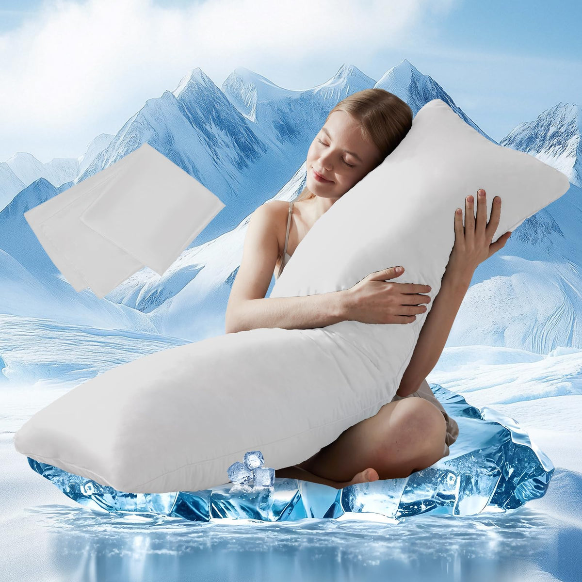 DOWNCOOL front view of full-length body pillow with cooling cover showing shape and fit