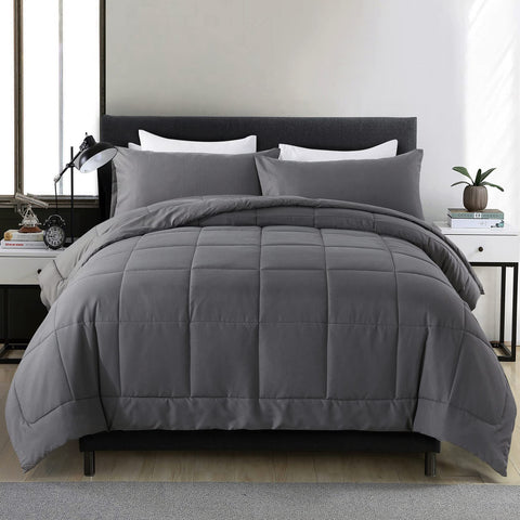 DOWNCOOL full set front view showing grey comforter and two pillowcases, enhances bedroom style