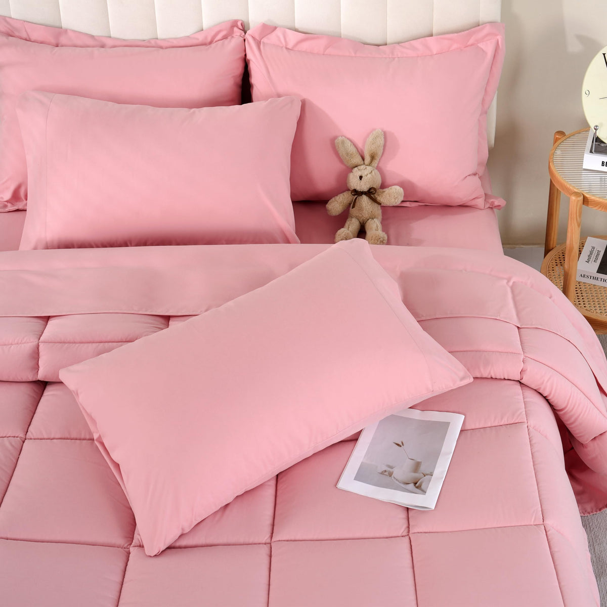 DOWNCOOL front view of full-size pink set showing coordinated pieces and cozy styling