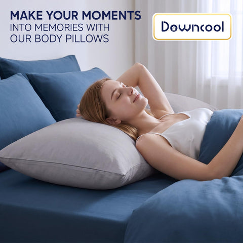 DOWNCOOL in-bed photo with side sleeper hugging pillow for aligned spine support