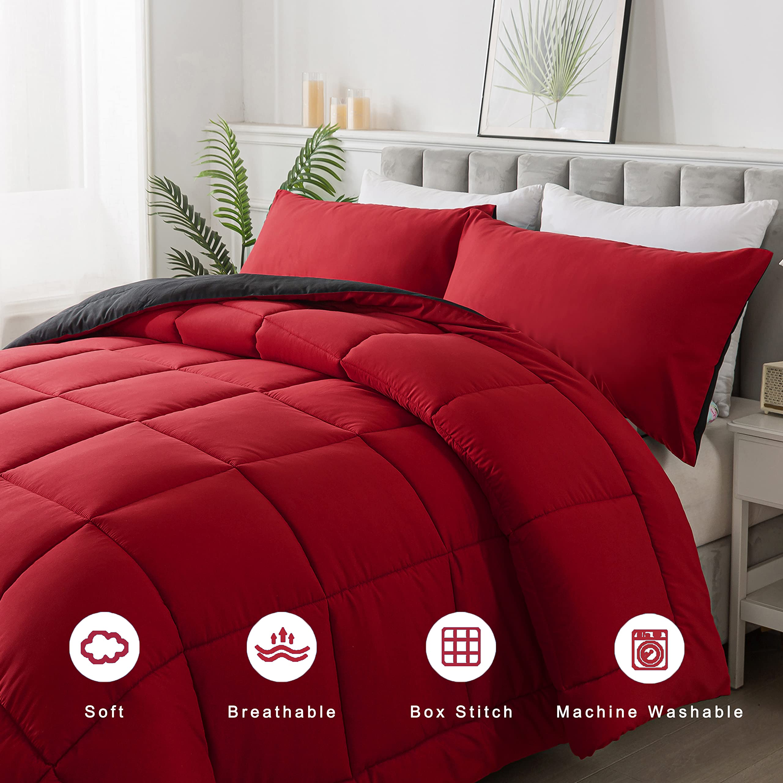 DOWNCOOL flat lay showing comforter dimensions and scale on a king mattress